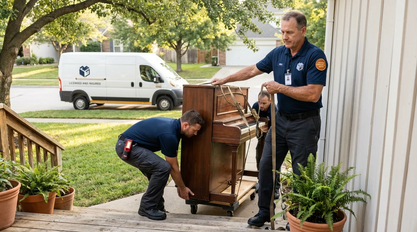 Licensed piano movers securing grand piano in Atlantic City, NJ