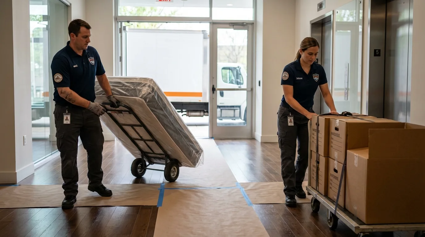 Professional apartment movers loading elevator in Atlantic City, NJ