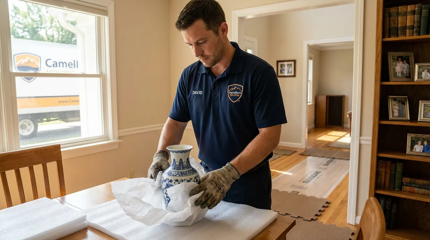 Professional crew carefully wrapping antique vase for senior downsizing move in Atlantic City, NJ